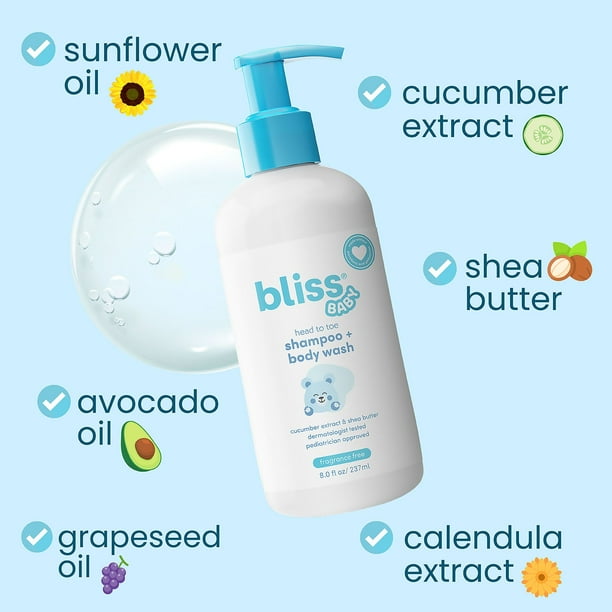 Bliss ベビーバス バンドル、2 in 1 シャンプー + ボディウォッシュ &amp; ローション、8 液量オンス、2 個パック。