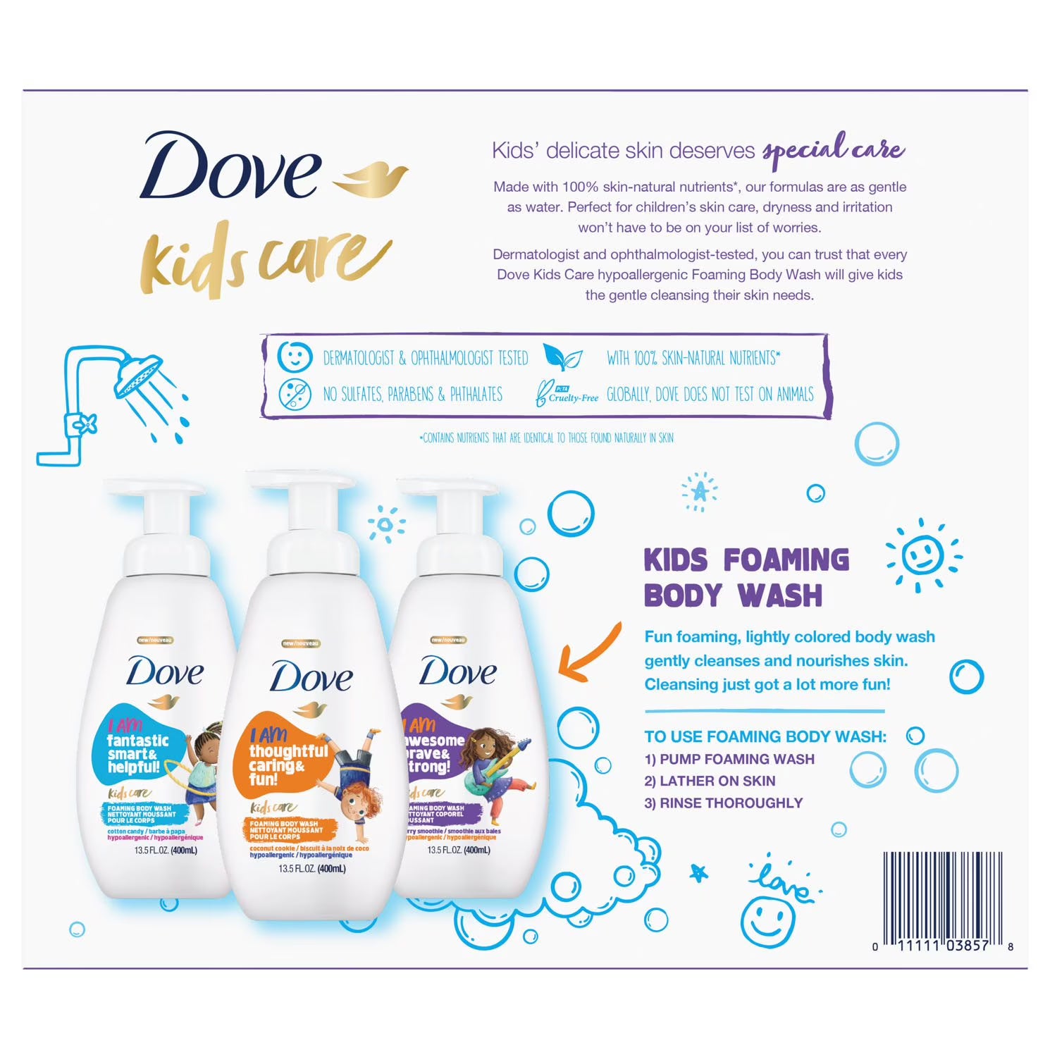 도브 키즈 케어 포밍 바디워시 버라이어티 팩 13.5 fl. oz., 3 pk. – 아이 피부에 맞춘 부드러운 거품 타입으로 순한 세정감이 특징인 바디워시