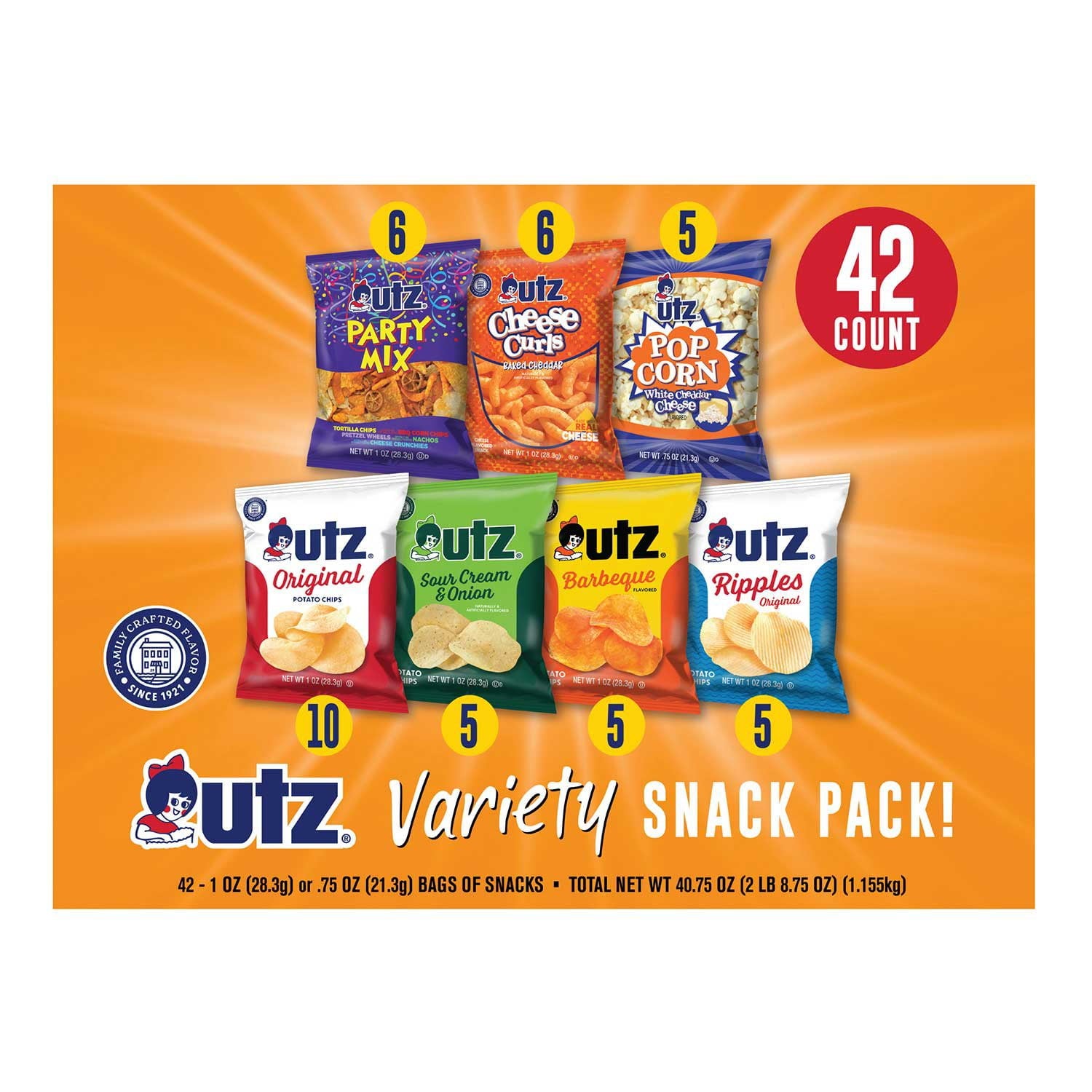 Utz ジャンボ スナック パック、1 オンス、42 個入り。