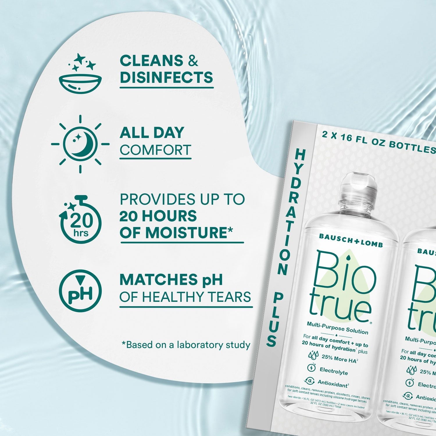 Biotrue Hydration Plus 多目的溶液、16 液量オンス、2 個パック。