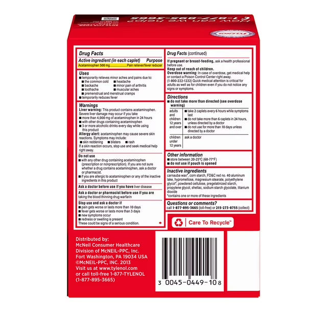 타이레놀 엑스트라 스트렝스 아세트아미노펜 500mg 개별 포장 50팩 × 2정 – 총 100정 · 두통 · 근육통 · 허리통증 · 치통 · 해열 진통