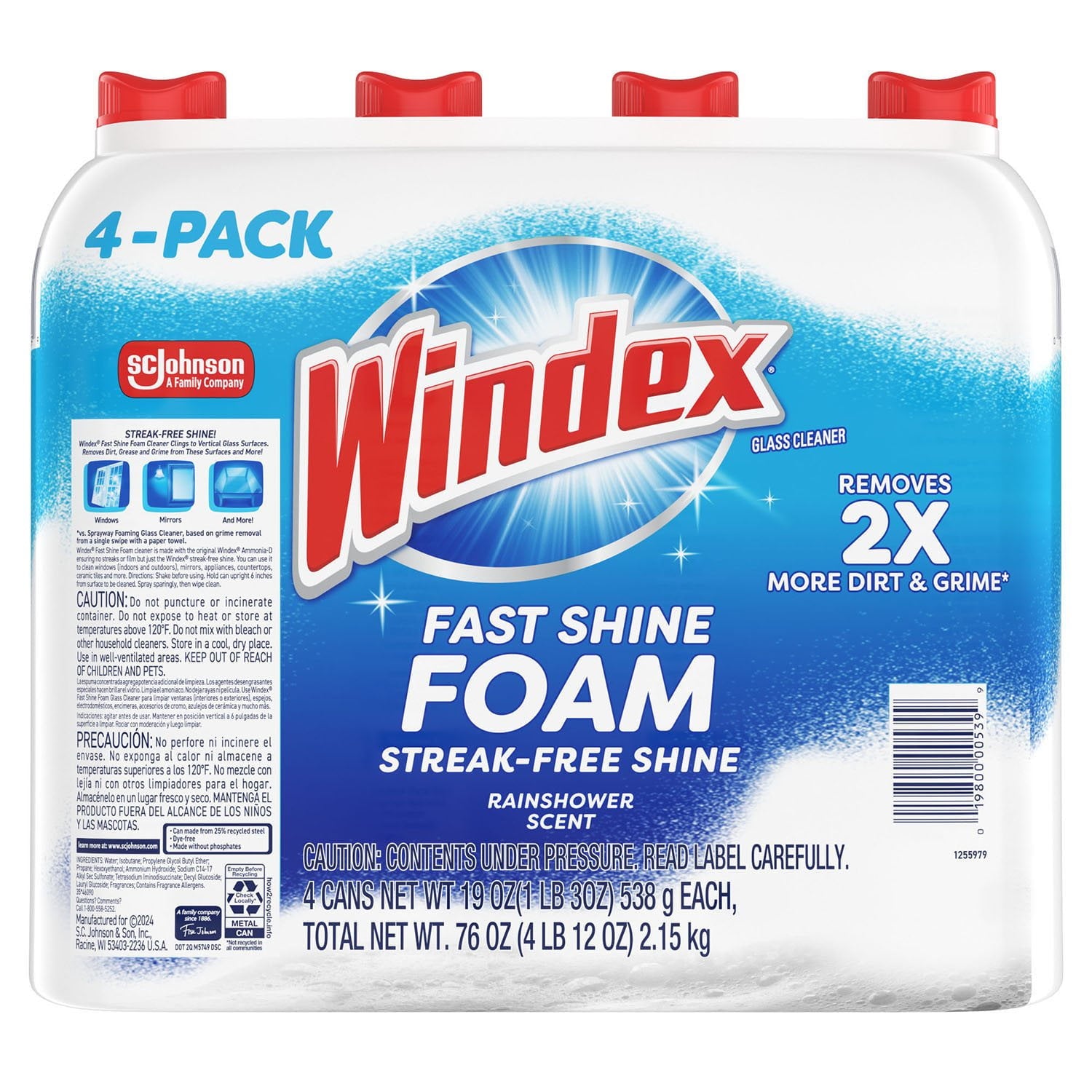 Windex ファーストシャイン フォームガラスクリーナー、液だれしないエアゾール洗浄スプレー、19 オンス、4 個パック。