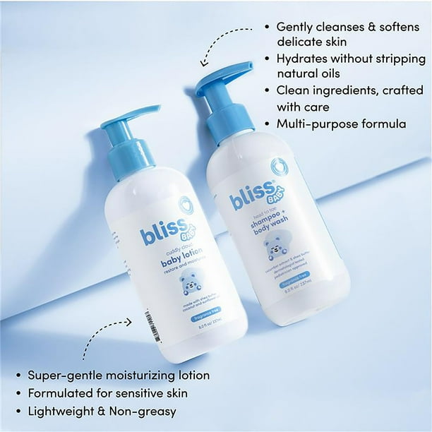 Bliss ベビーバス バンドル、2 in 1 シャンプー + ボディウォッシュ &amp; ローション、8 液量オンス、2 個パック。