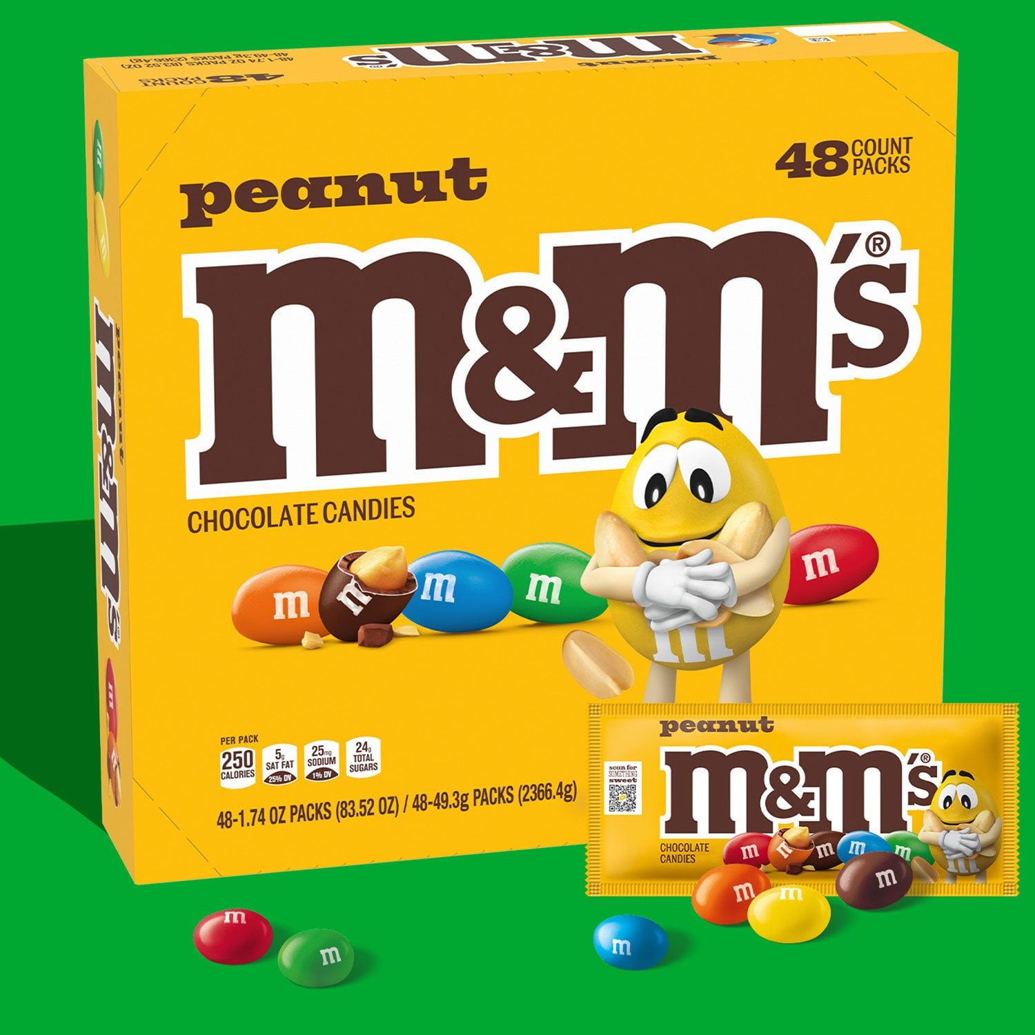 M&amp;M'S ピーナッツ ミルク チョコレート キャンディ、シングルサイズ、1.74 オンス、48 個入り。