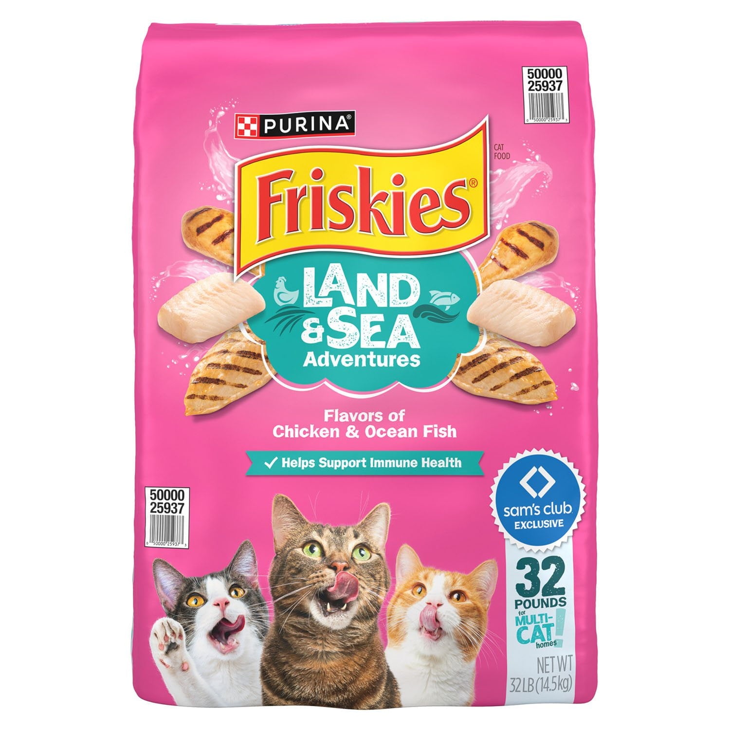 フリスキーズ ランド＆シーアドベンチャー、チキン＆オーシャンフィッシュ風味、成猫用ドライキャットフード、32 ポンド。
