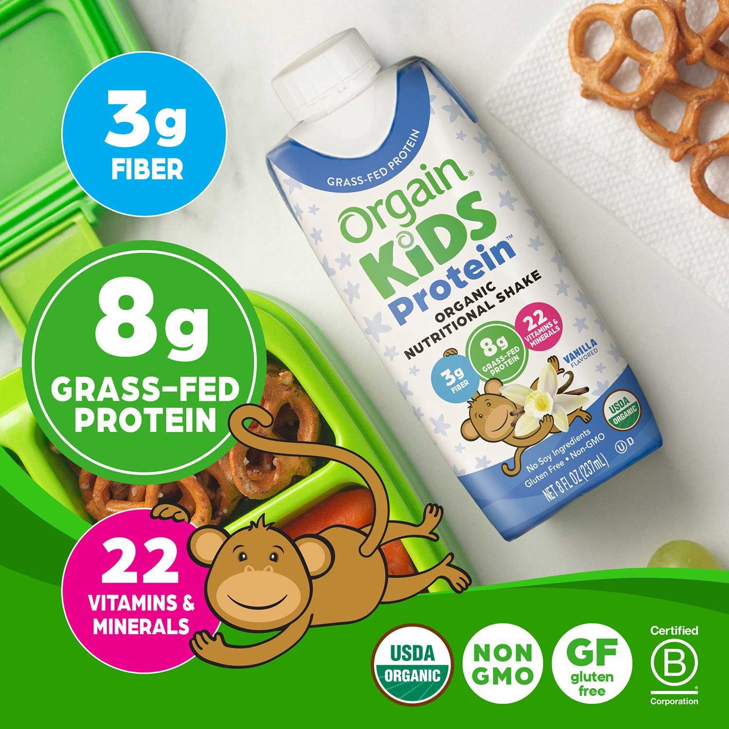 Orgain Kids 8g プロテイン オーガニック 栄養シェイク、バニラ、8 液量オンス、18 パック。