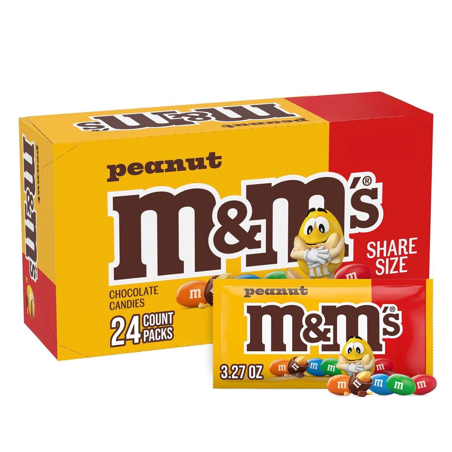 M&amp;M'S ピーナッツ ミルク チョコレート キャンディ、シェアサイズ、3.27 オンス、24 個入り。
