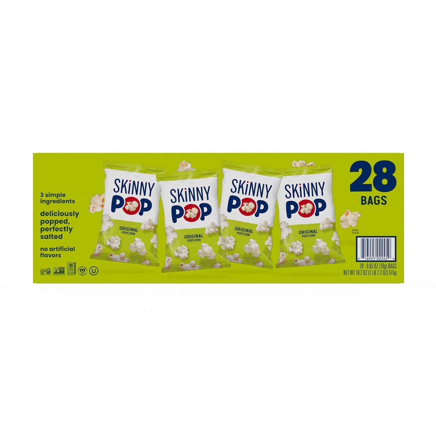 SkinnyPop オリジナル ポップコーン スナック バッグ、0.65 オンス、28 個入り。