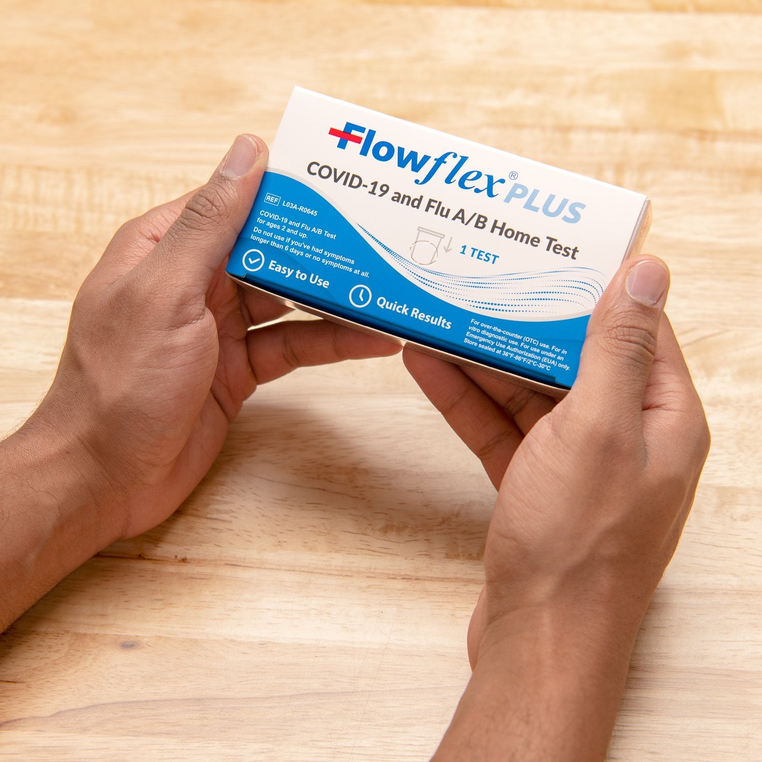Flowflex Plus COVID-19、インフルエンザ A/B 3-in-1 抗原セルフテスト、5 個パック。