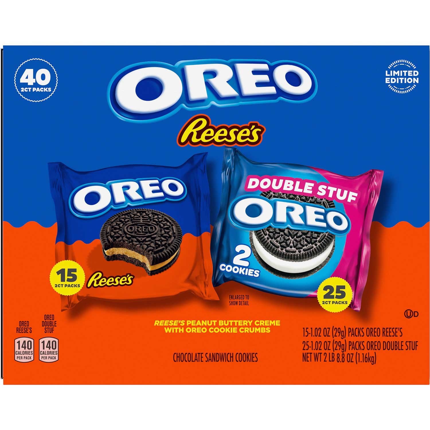 オレオ リース ピーナッツバタークリーム &amp; オレオ ダブルスタッフ クッキー バラエティパック、1.02 オンス、40 個入り。