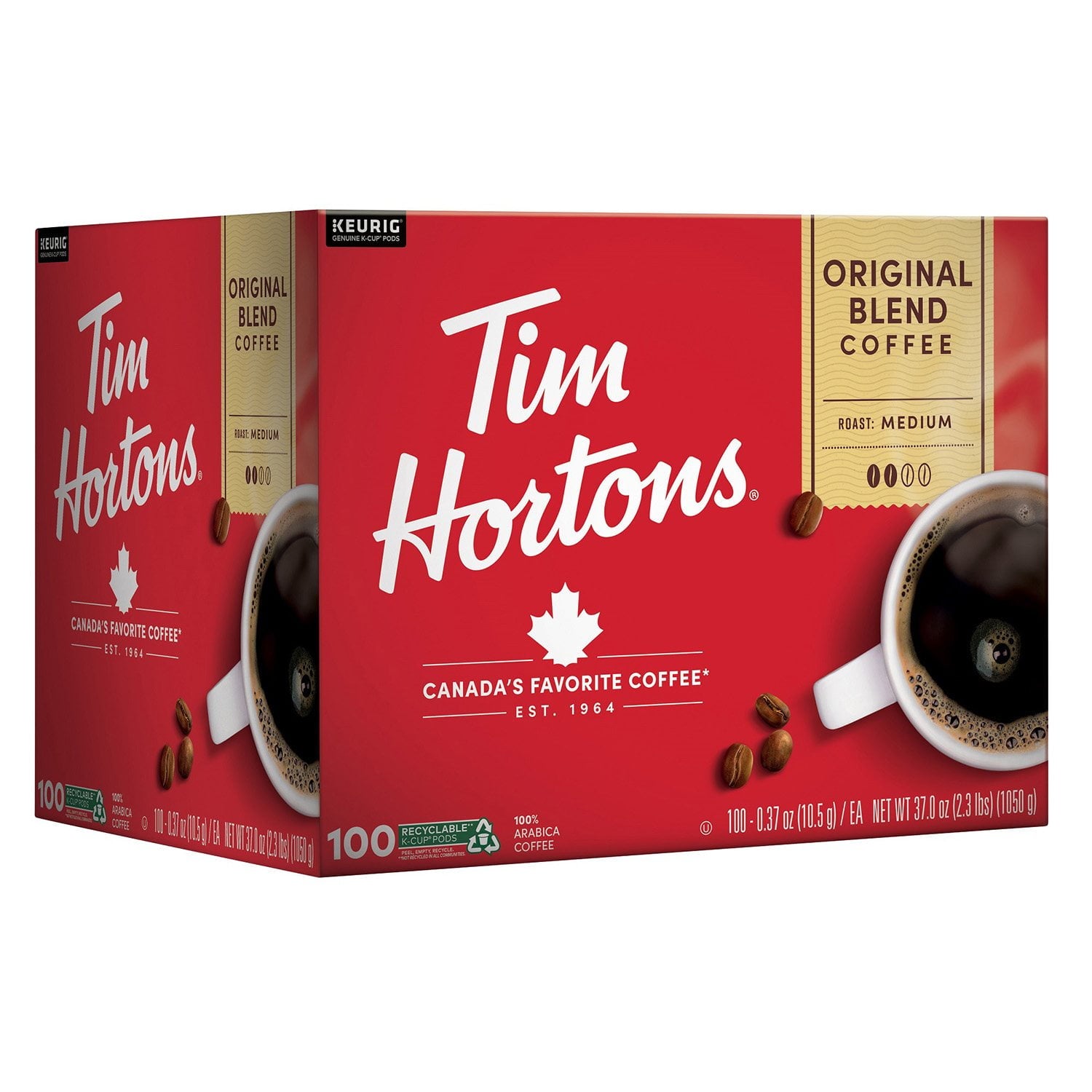 ティムホートンズ プレミアムミディアムロースト K-Cup コーヒーポッド、オリジナルブレンド、100 個入り。