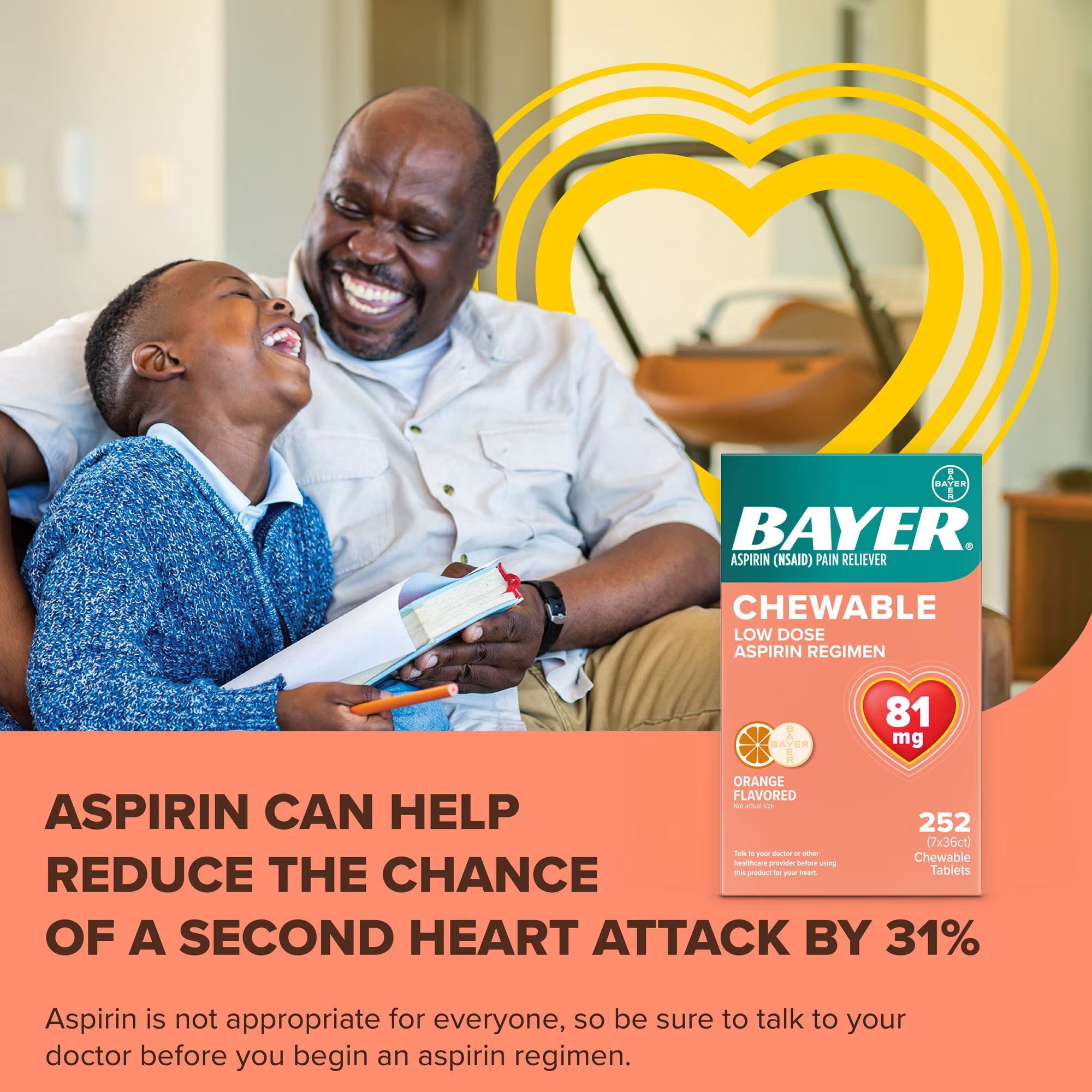미국 바이엘 아스피린 81mg 252정 츄어블 오렌지맛 저용량 진통제 통증완화 Bayer Aspirin