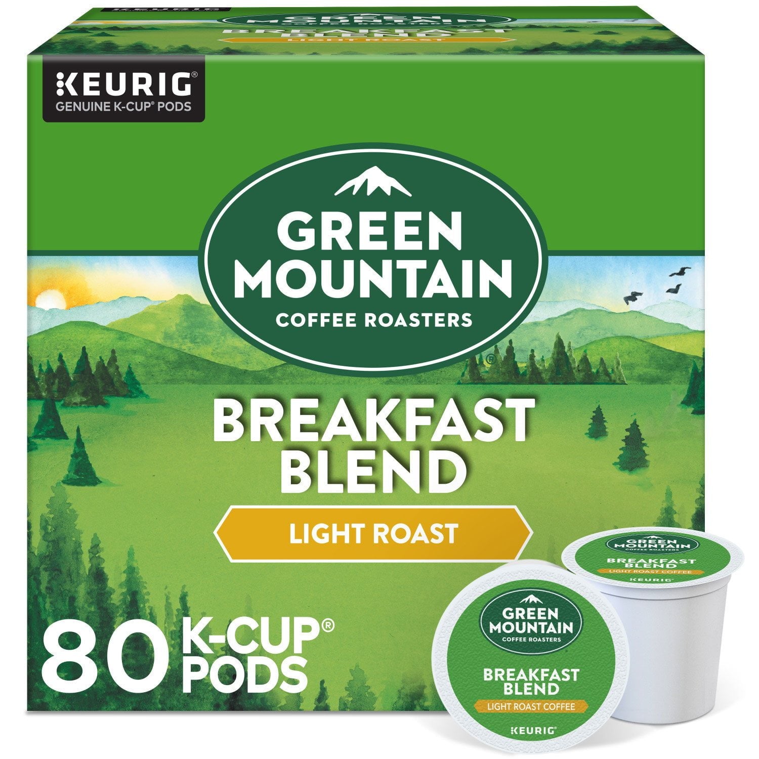 Green Mountain Coffee Roasters ライトローストコーヒーポッド、ブレックファストブレンド、80 個入り。