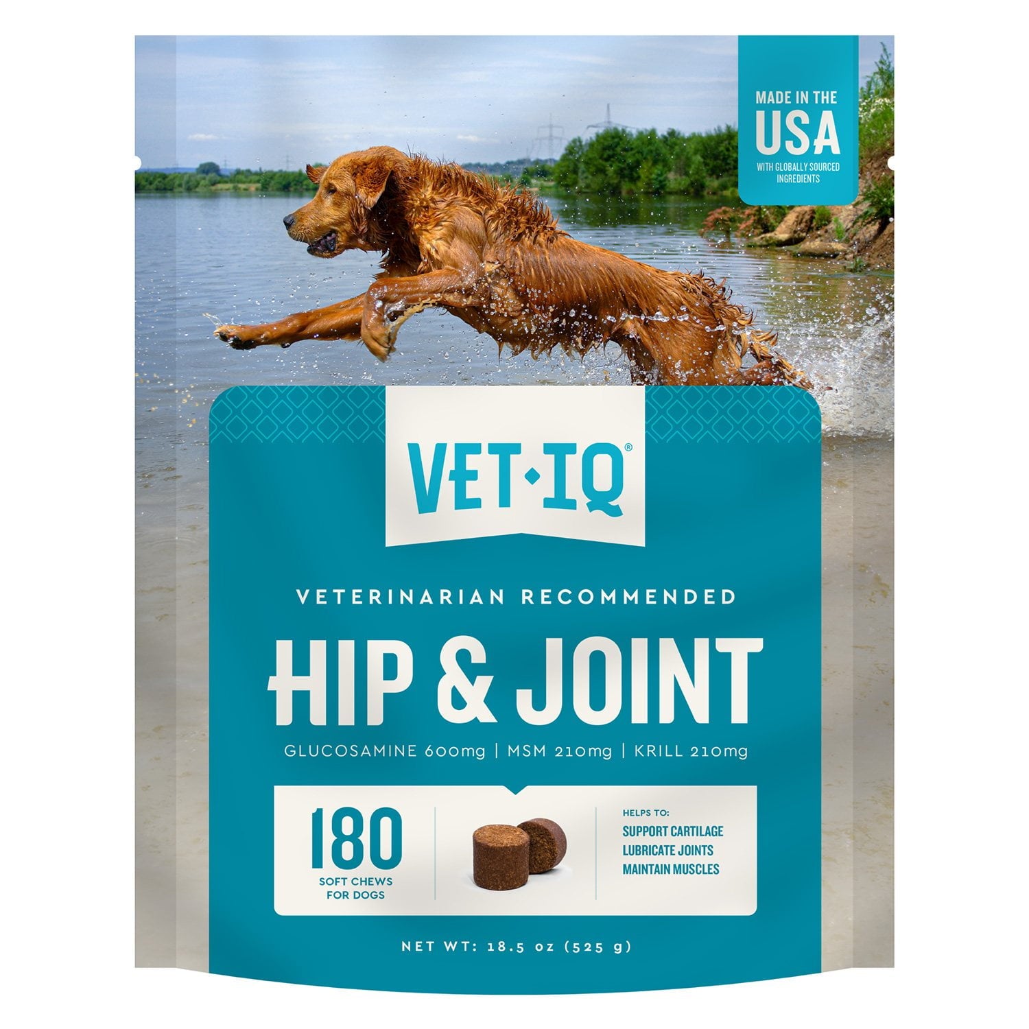 VETIQ 最大強度ヒップ&amp;ジョイントソフト犬用チュー、チキン風味、180 個入り。