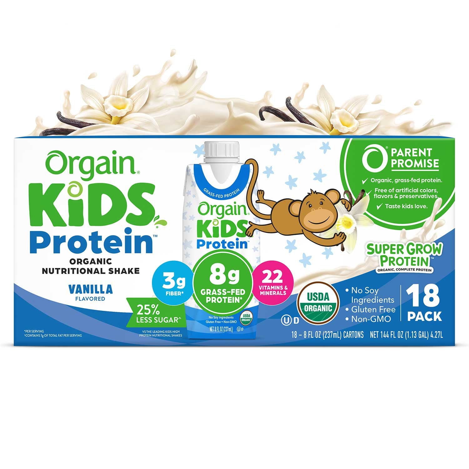 Orgain Kids 8g プロテイン オーガニック 栄養シェイク、バニラ、8 液量オンス、18 パック。