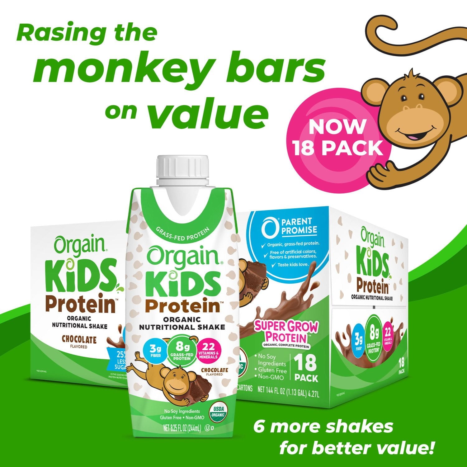 Orgain Kids 8g プロテイン オーガニック 栄養シェイク、チョコレート、8 液量オンス、18 パック。