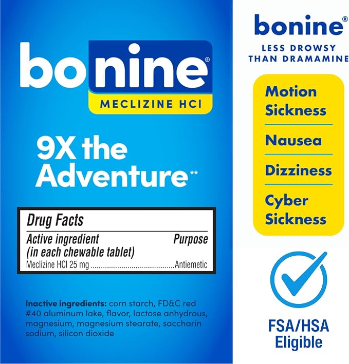 보닌 멀미약 메클리진 25mg 츄어블 16정 메클리진염산염 25mg Drug Facts 및 원료 안내