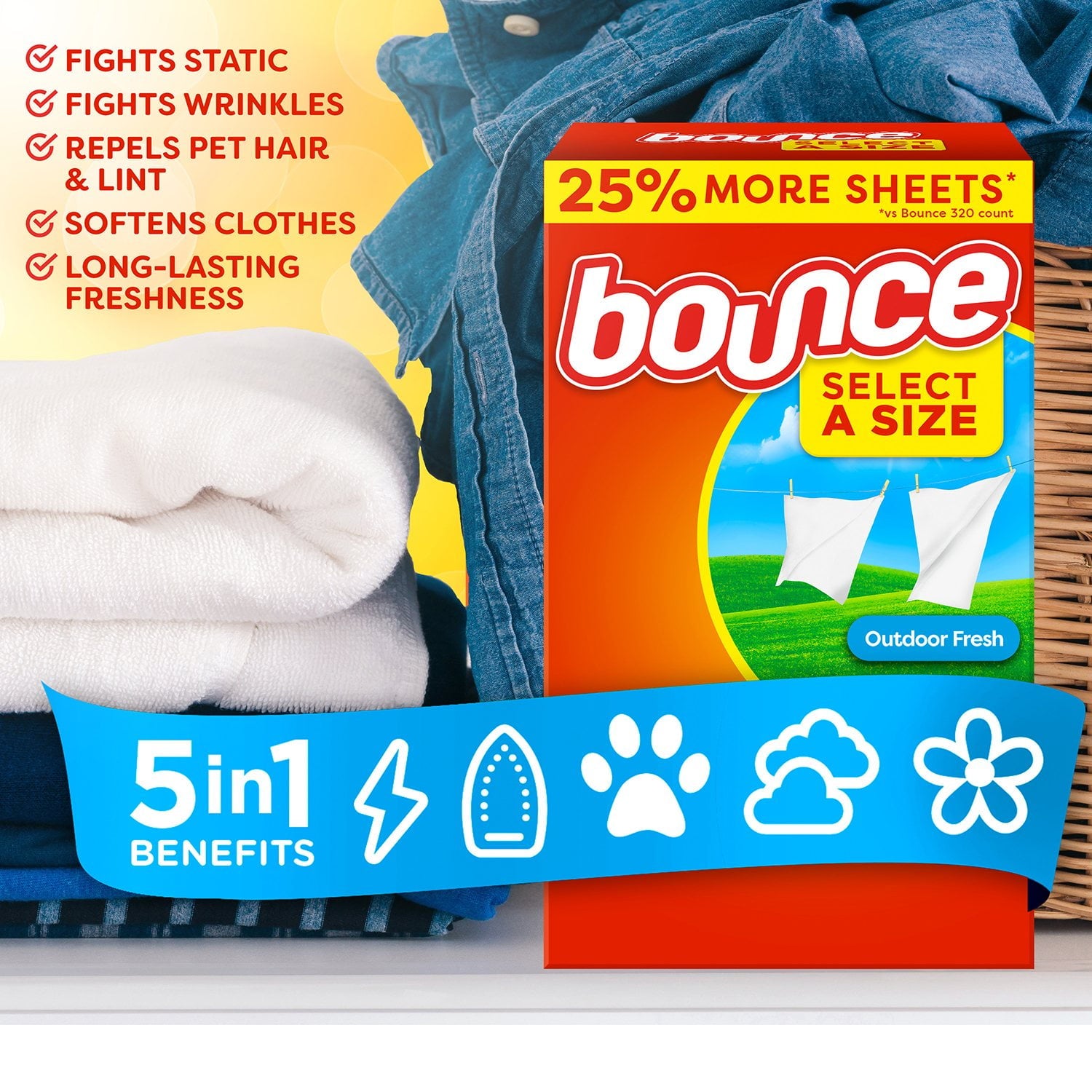 Bounce Select a Size 柔軟剤 乾燥機用シート、アウトドア用フレッシュ、400 枚入り。