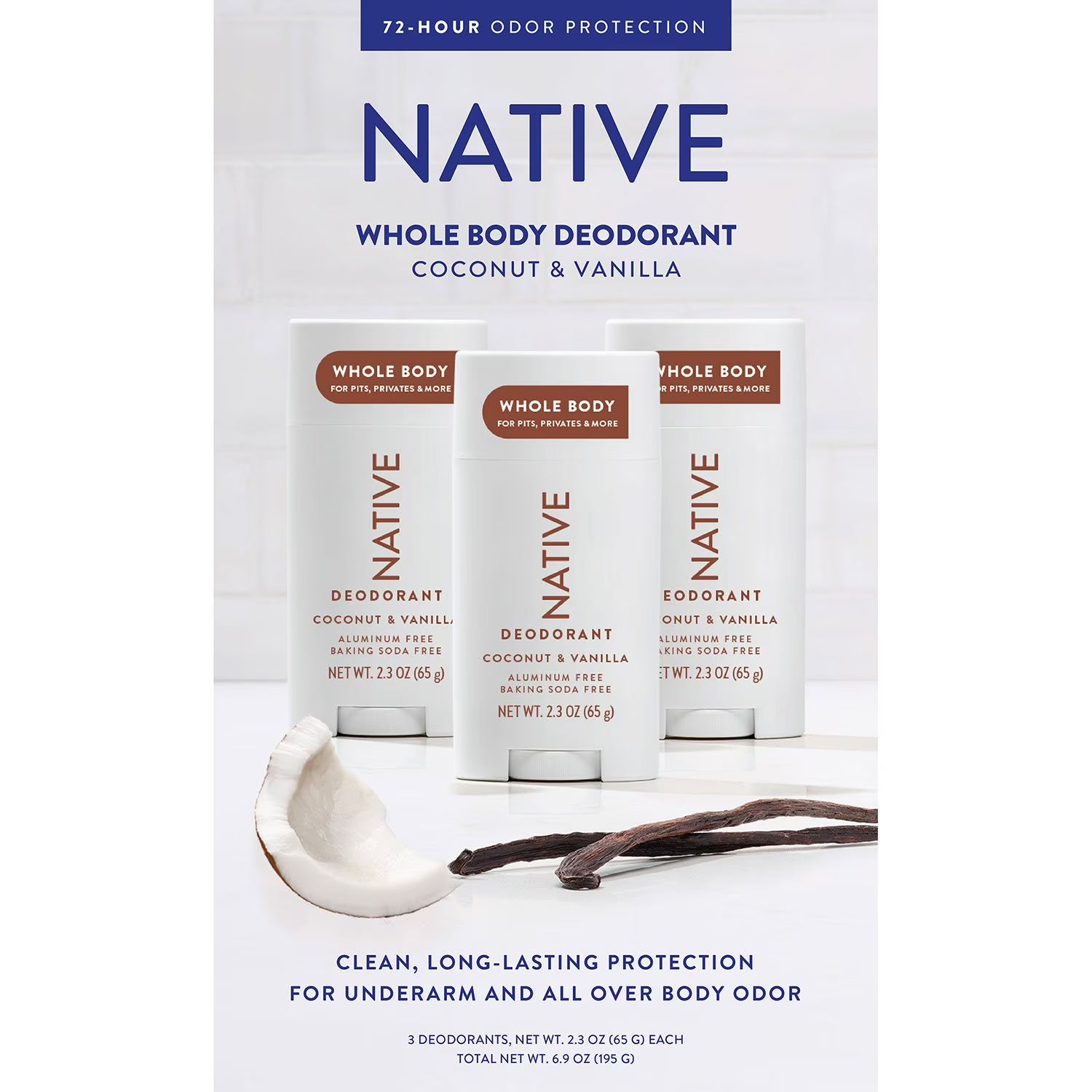 네이티브 전신용 알루미늄 프리 데오드란트 코코넛 & 바닐라 2.3 oz., 3pk. – 전신에 사용 가능한 포뮬러로 부드럽게 발리며 은은한 향을 데일리로 편안하게 유지해줍니다