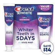 크레스트 3D 화이트 울트라 치약 비비드 민트 147g × 5개 - 5개입 포장과 튜브