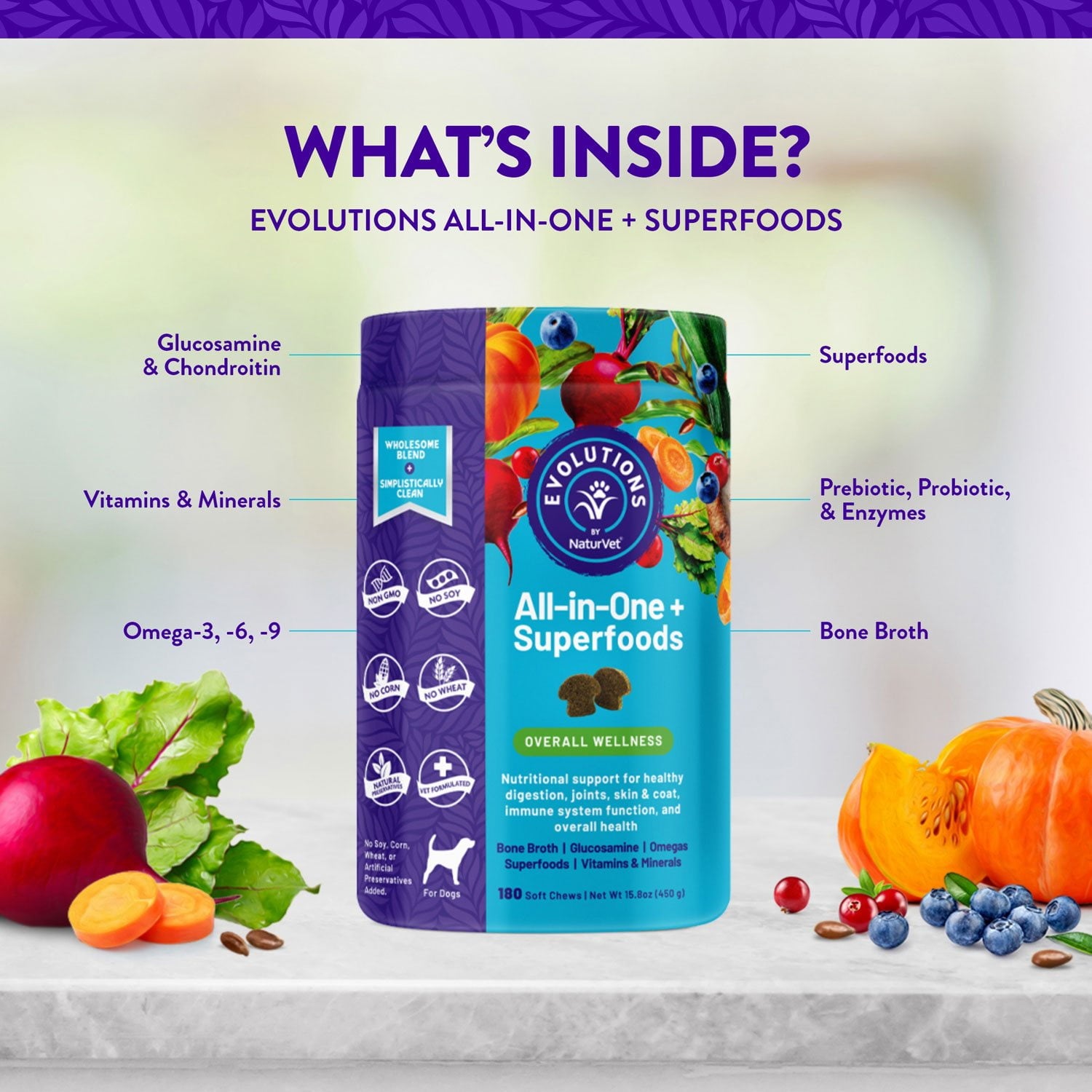 Evolutions by NaturVet、オールインワン プラス スーパーフード、犬用ソフトチュー、180 個。