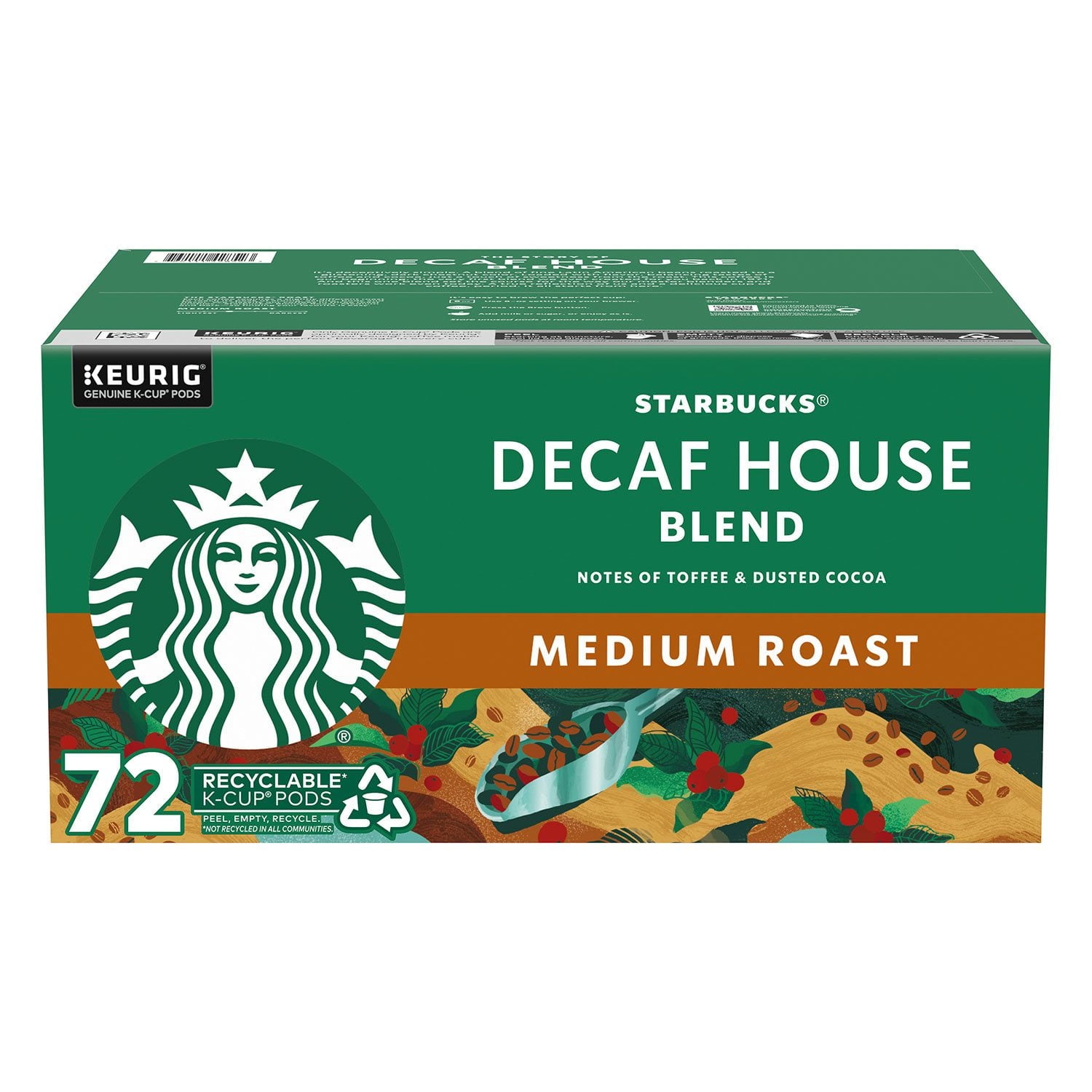 スターバックス デカフェ ハウスブレンド ミディアムロースト K-Cup コーヒーポッド、72 個入り。