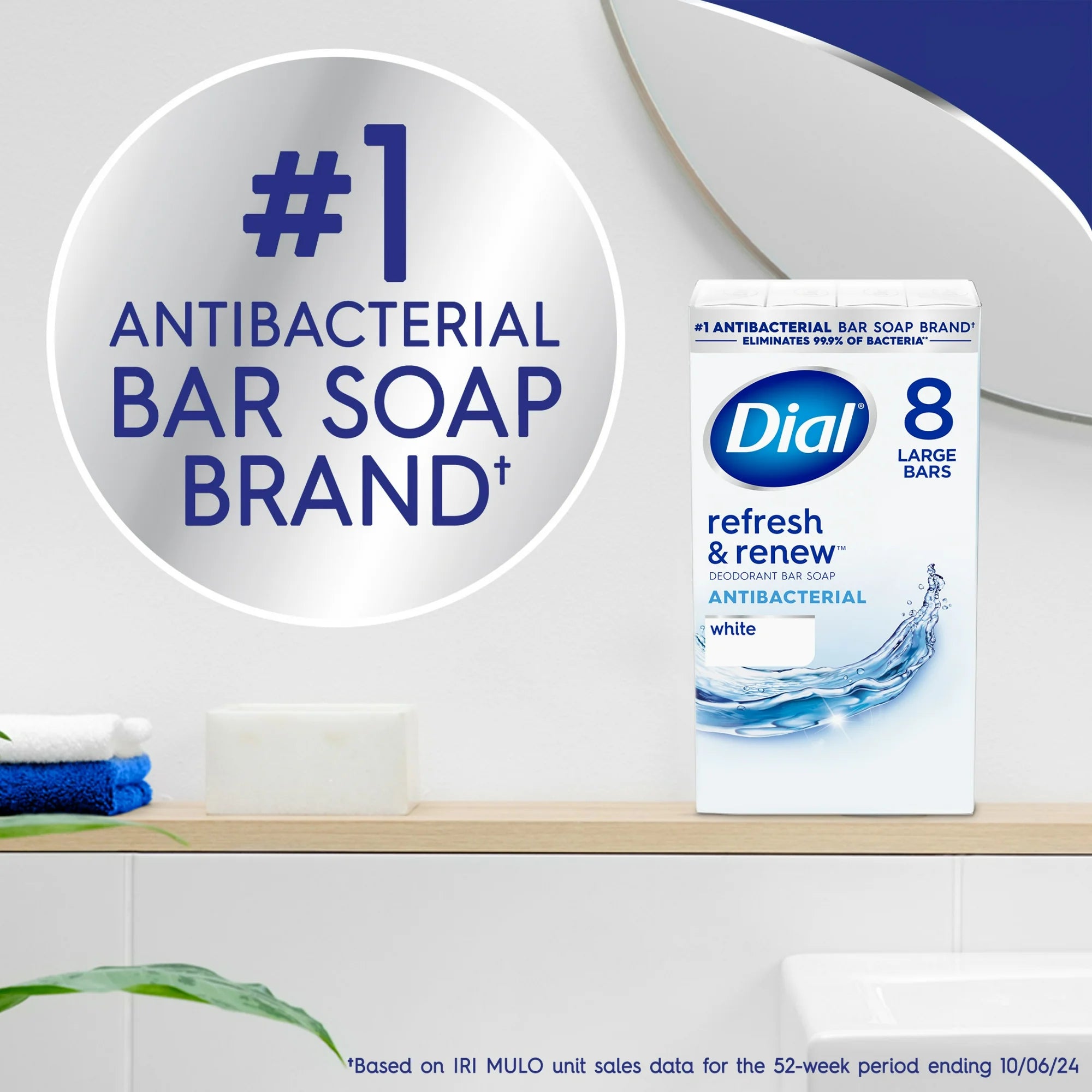 다이얼 항균 바 비누 리프레시 & 리뉴 화이트 데오드란트 바 4 oz, 8 Bars – 항균 포뮬러와 깔끔한 화이트 향, 산뜻한 세정감