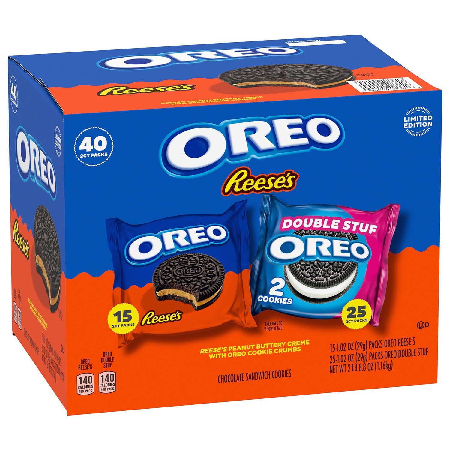 オレオ リース ピーナッツバタークリーム &amp; オレオ ダブルスタッフ クッキー バラエティパック、1.02 オンス、40 個入り。