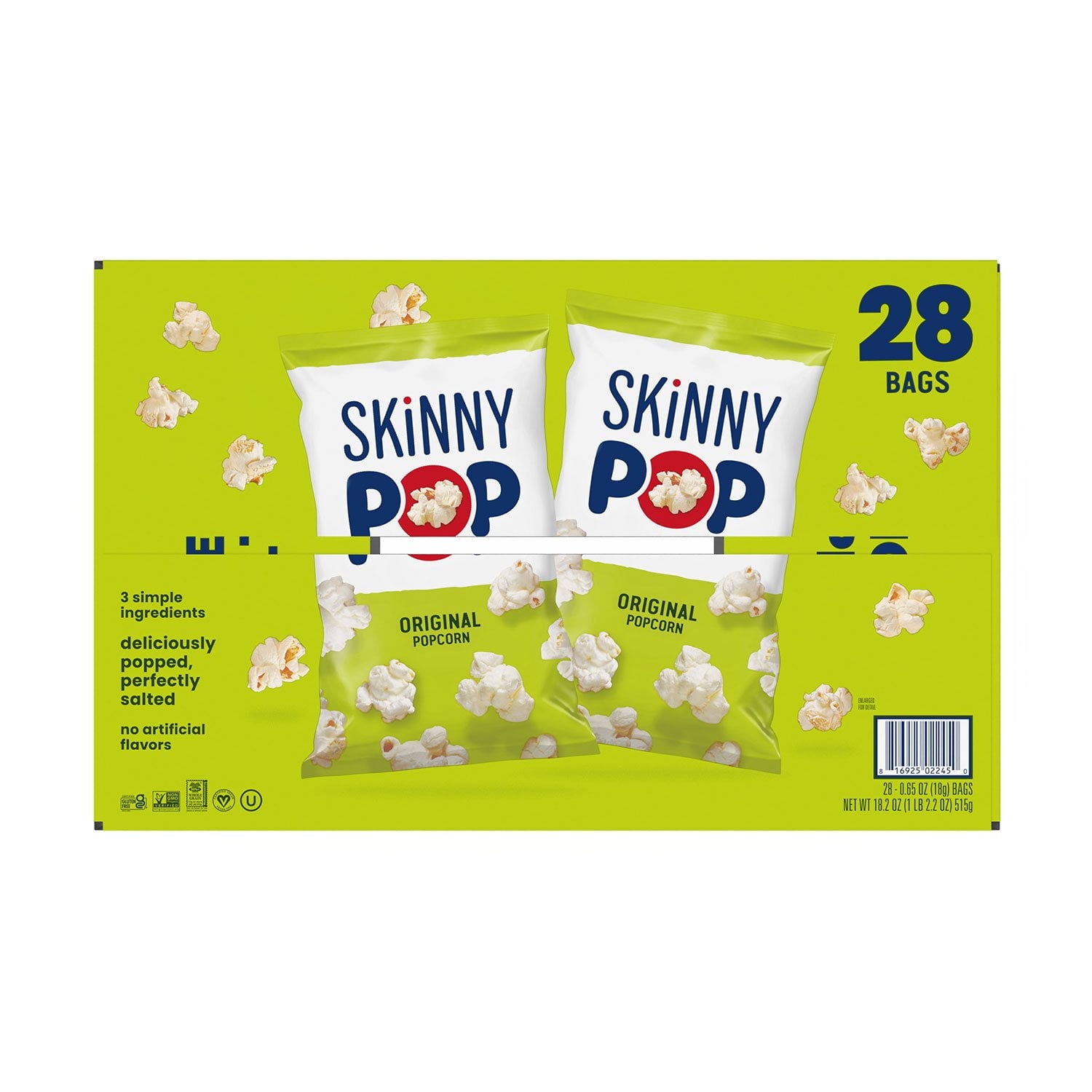 SkinnyPop オリジナル ポップコーン スナック バッグ、0.65 オンス、28 個入り。