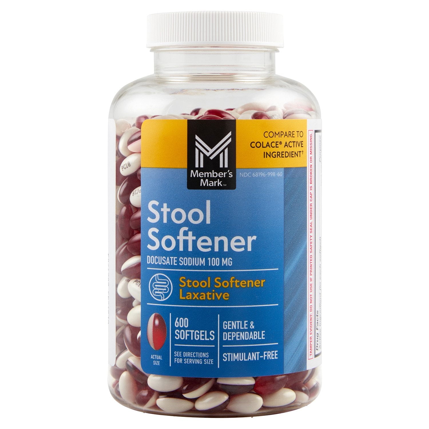 メンバーズマーク 便軟化剤ソフトジェル、ドキュセートナトリウム 100 mg、600 錠。