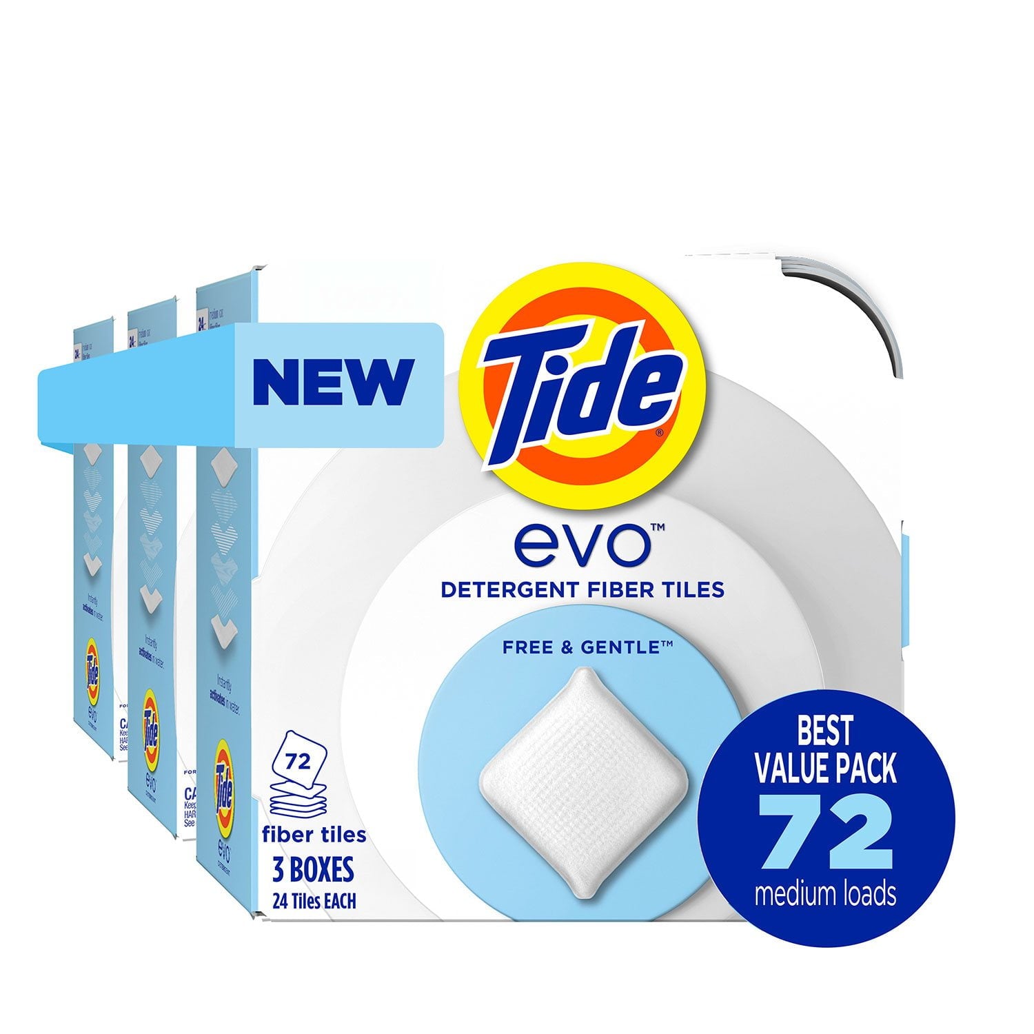 タイドエボ洗濯洗剤ファイバータイル、フリー＆ジェントル、72 個入り。