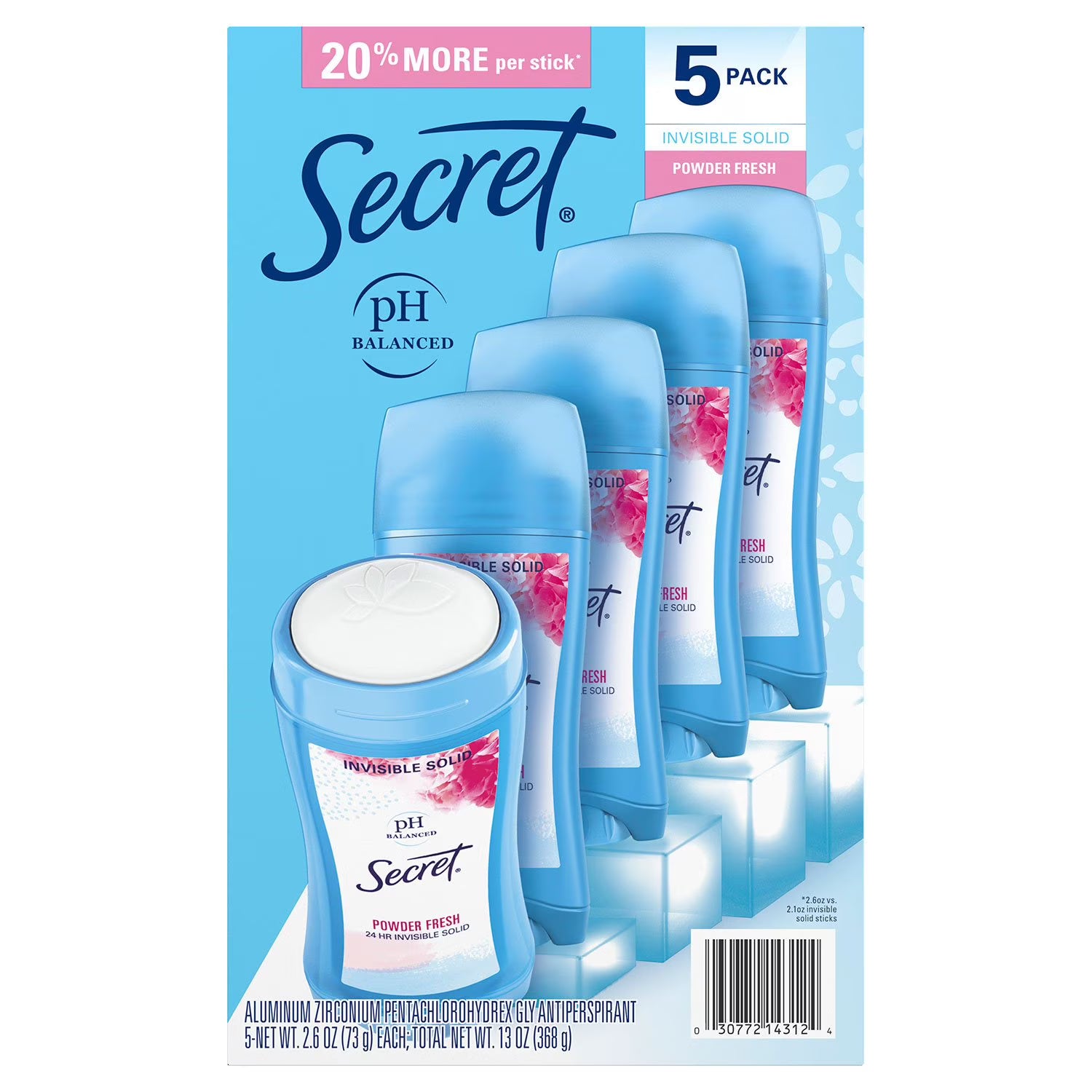 시크릿 인비저블 솔리드 안티퍼스피런트 데오드란트 파우더 프레시 2.6 oz., 5 pk. – 옷에 자국이 남기 쉬운 상황에서도 깔끔하게 사용 가능하며 산뜻한 파우더 향을 일상적으로 유지