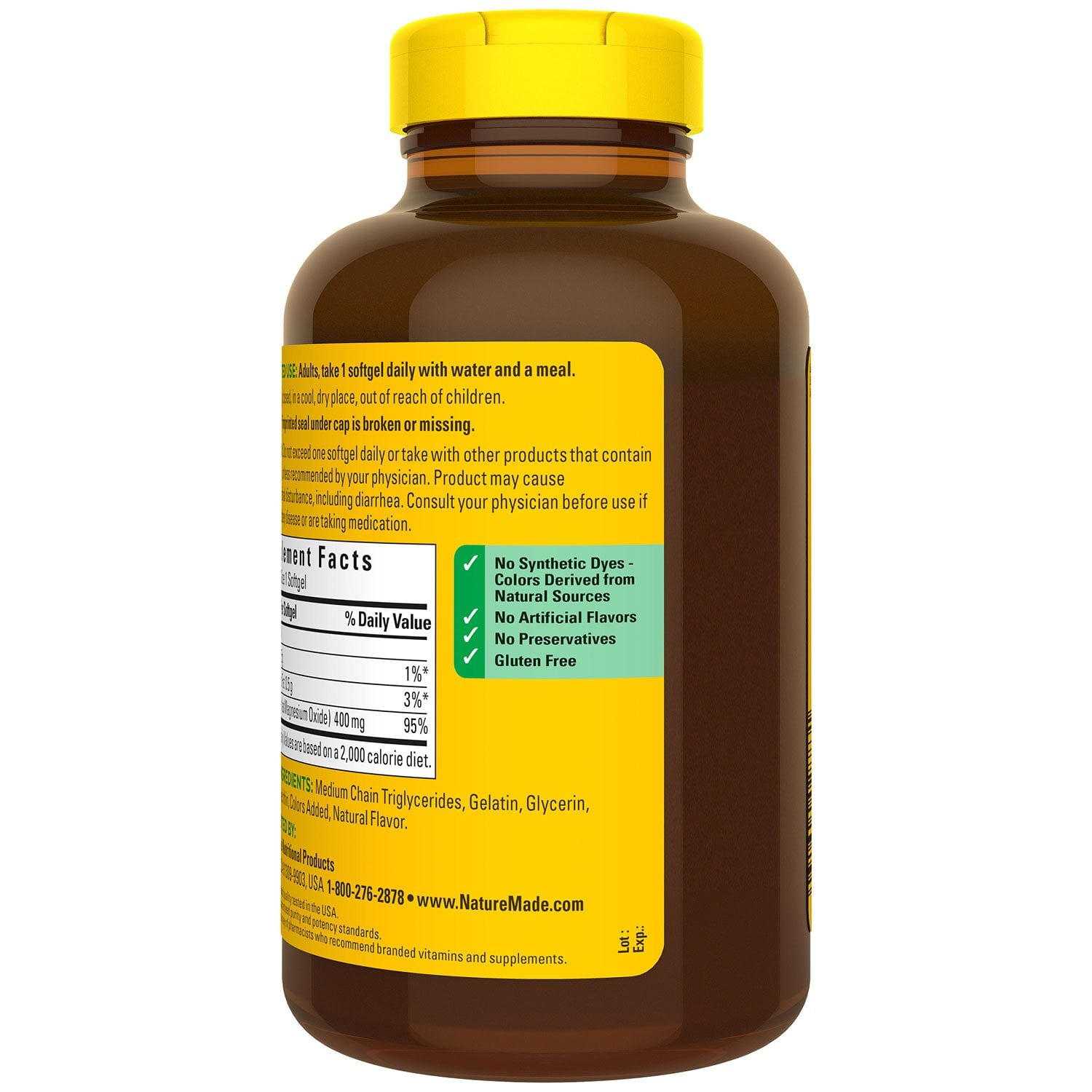 ネイチャーメイド 酸化マグネシウム 400mg ソフトジェル、150 個入り。