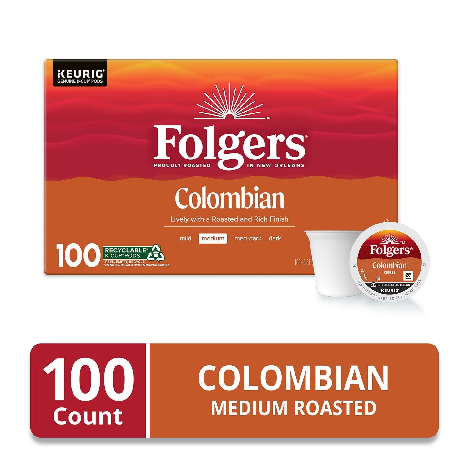 フォルジャーズ ミディアムロースト K-Cup コーヒーポッド、100% コロンビア産、100 個入り。