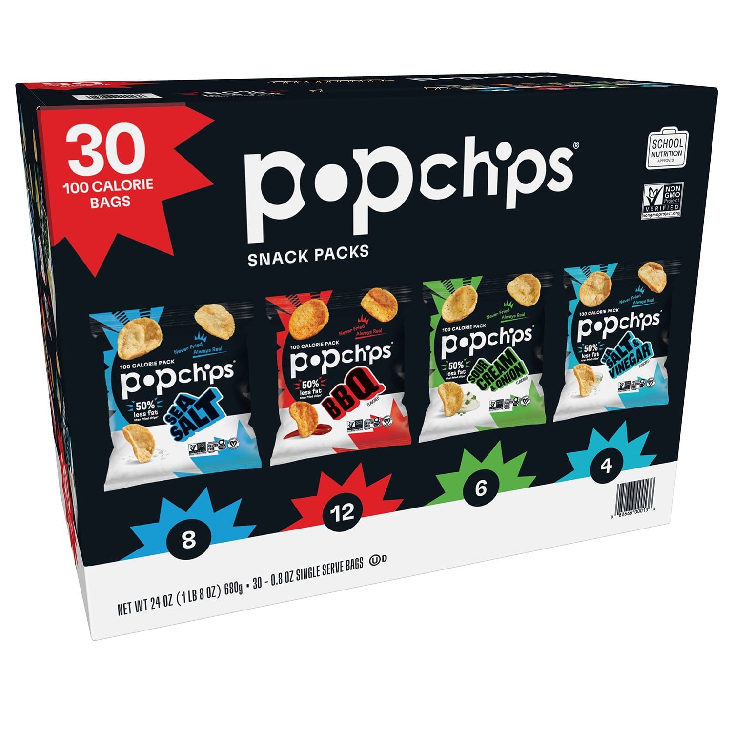 Popchips バラエティパック チップス、0.8 オンス、30 個入り。
