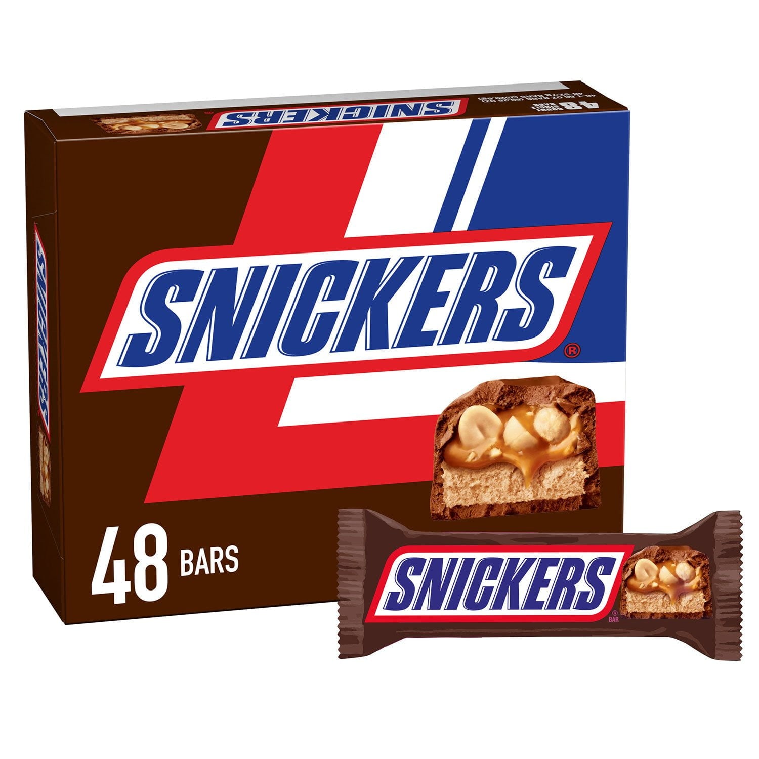 スニッカーズ ミルクチョコレートキャンディーバー、フルサイズ、1.86 オンス、48 個入り。