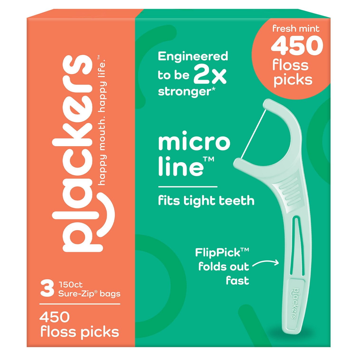 Plackers マイクロライン デンタルフロスピック、ミント、450 個入り。