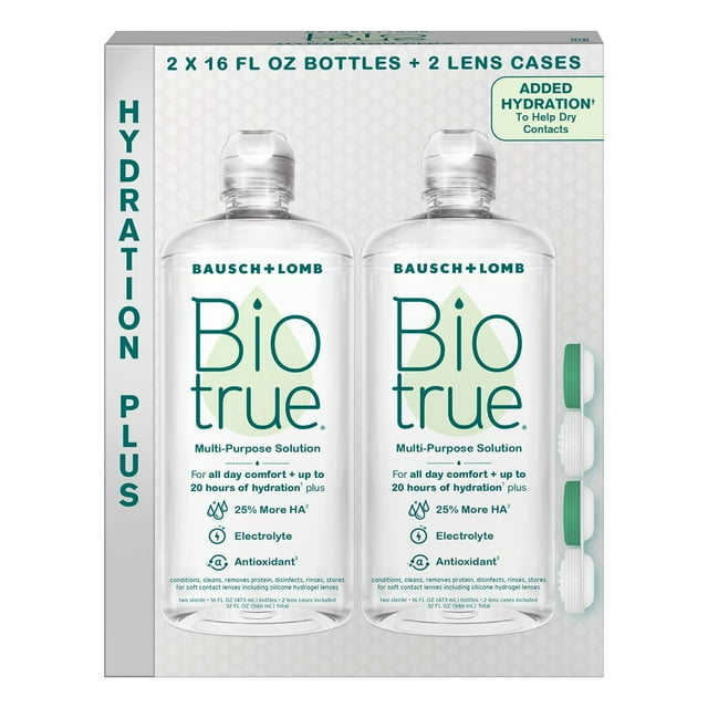 Biotrue Hydration Plus 多目的溶液、16 液量オンス、2 個パック。