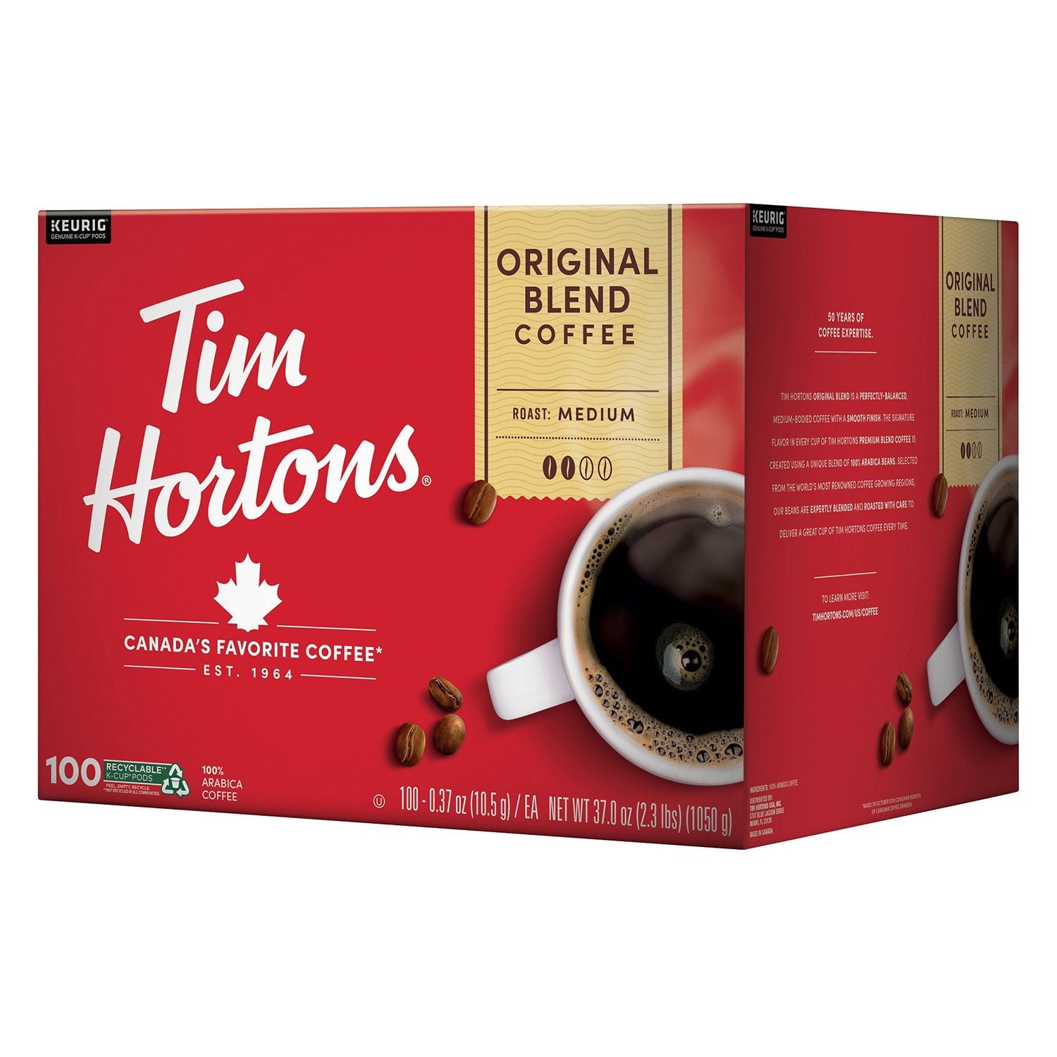 ティムホートンズ プレミアムミディアムロースト K-Cup コーヒーポッド、オリジナルブレンド、100 個入り。