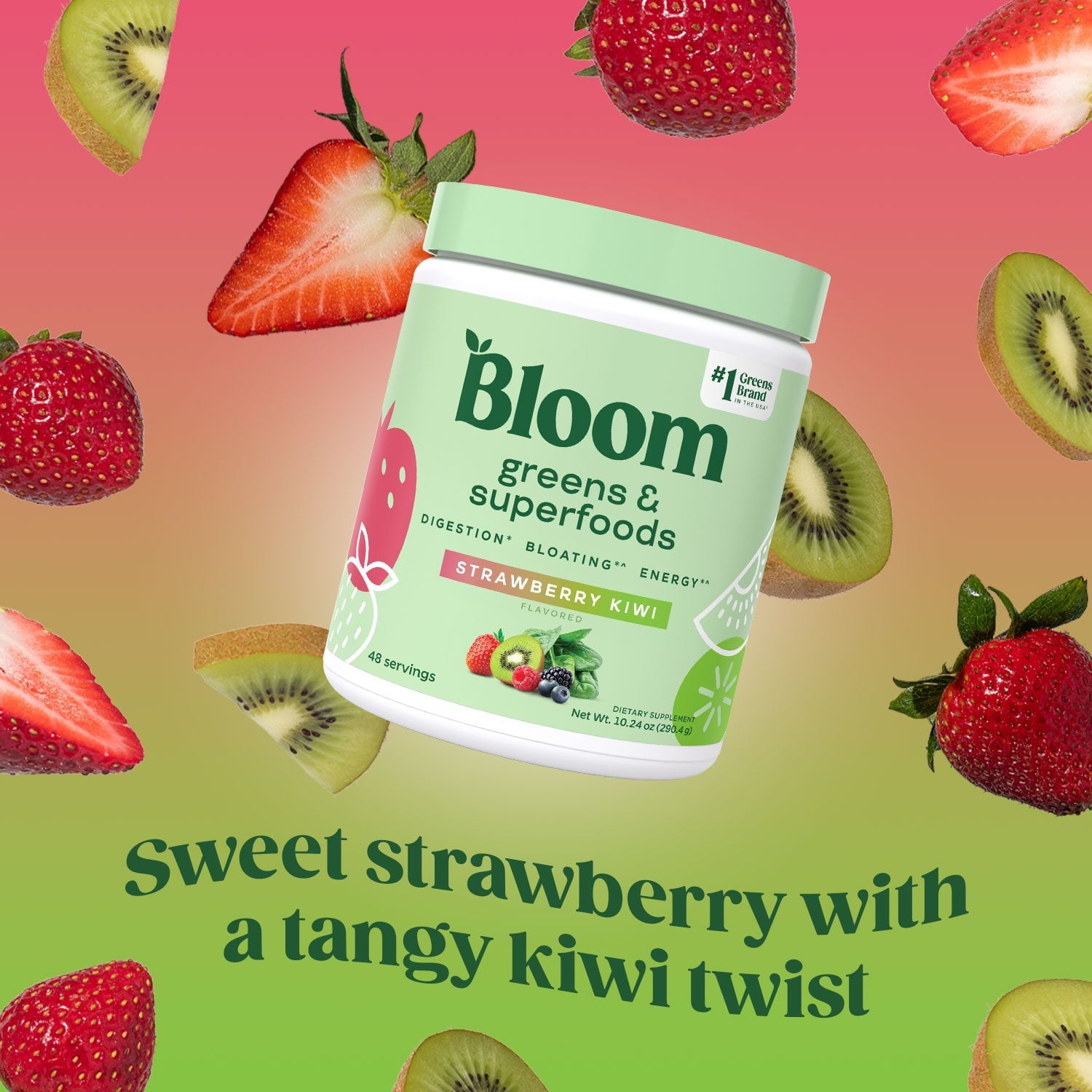Bloom Nutrition グリーン＆スーパーフードパウダー、ストロベリーキウイ、0.5 ポンド。