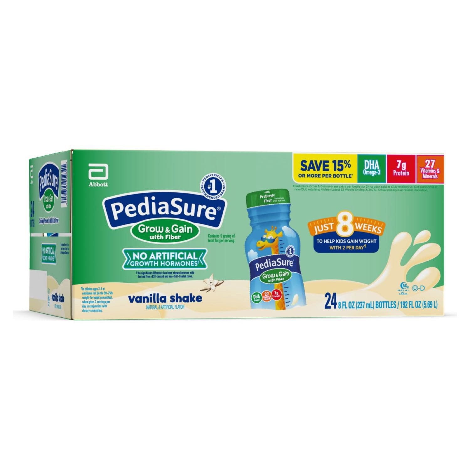 PediaSure Grow and Gain 子供用繊維入り栄養シェイク、バニラ、8 液量オンス、24 パック。