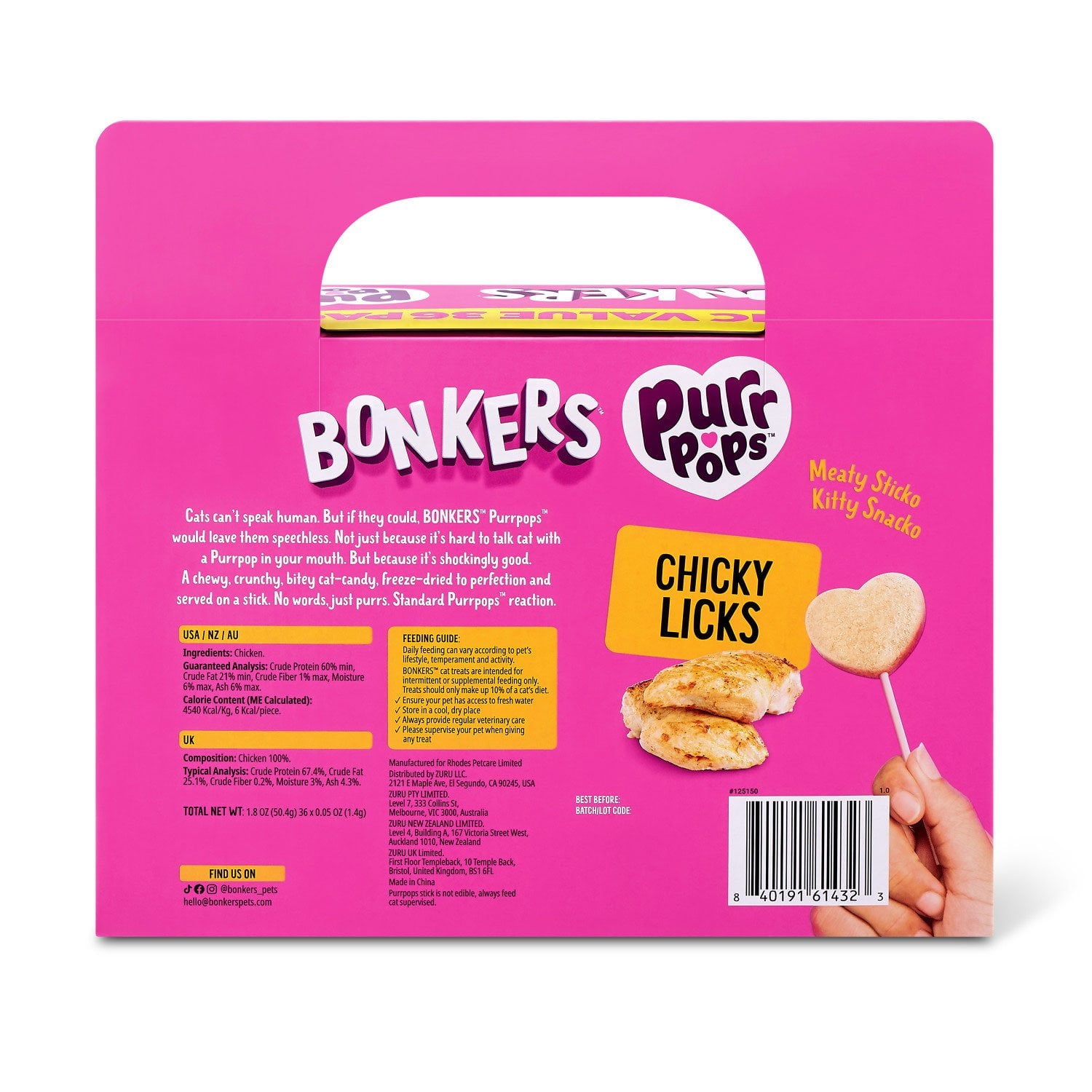 BONKERS Purrpops、フリーズドライチキン風味ロリポップキャットトリーツ、36 個入り。