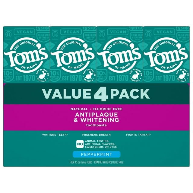 Tom's of Maine フッ素フリー 歯垢防止 &amp; ホワイトニング 歯磨き粉、4.5 オンス、4 個パック。