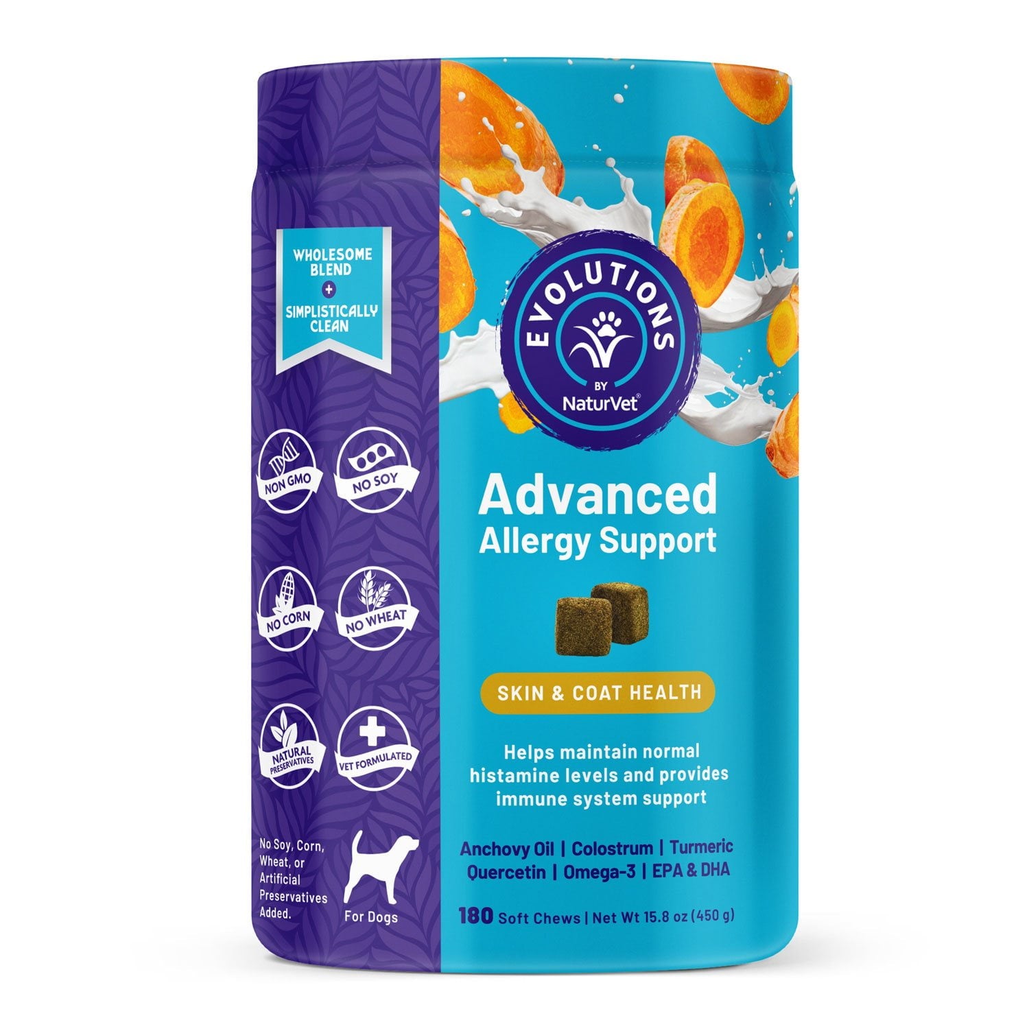 Evolutions by NaturVet、犬用アドバンスドアレルギーソフトチュー、180 個入り。