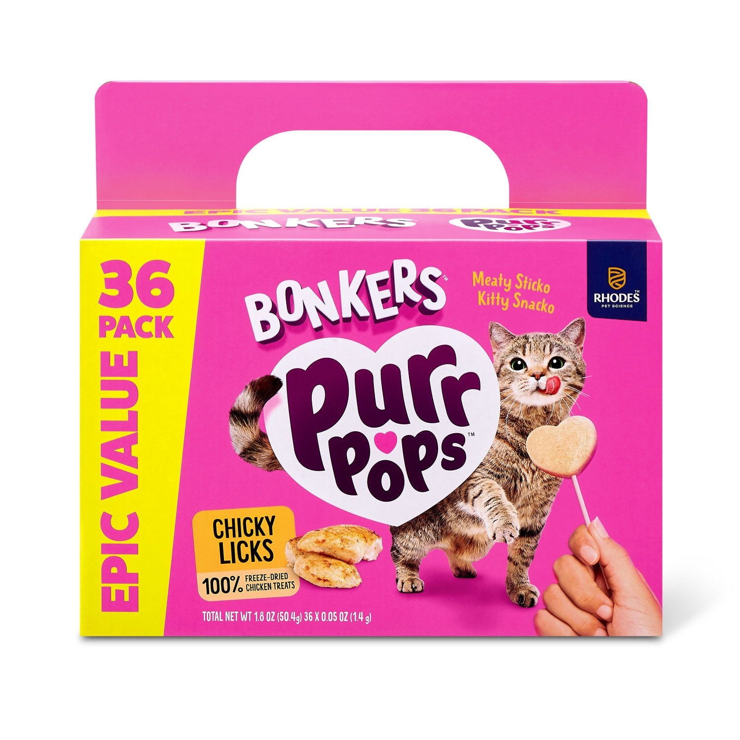 BONKERS Purrpops、フリーズドライチキン風味ロリポップキャットトリーツ、36 個入り。