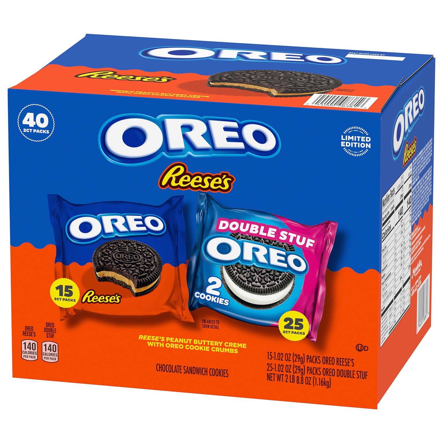 オレオ リース ピーナッツバタークリーム &amp; オレオ ダブルスタッフ クッキー バラエティパック、1.02 オンス、40 個入り。