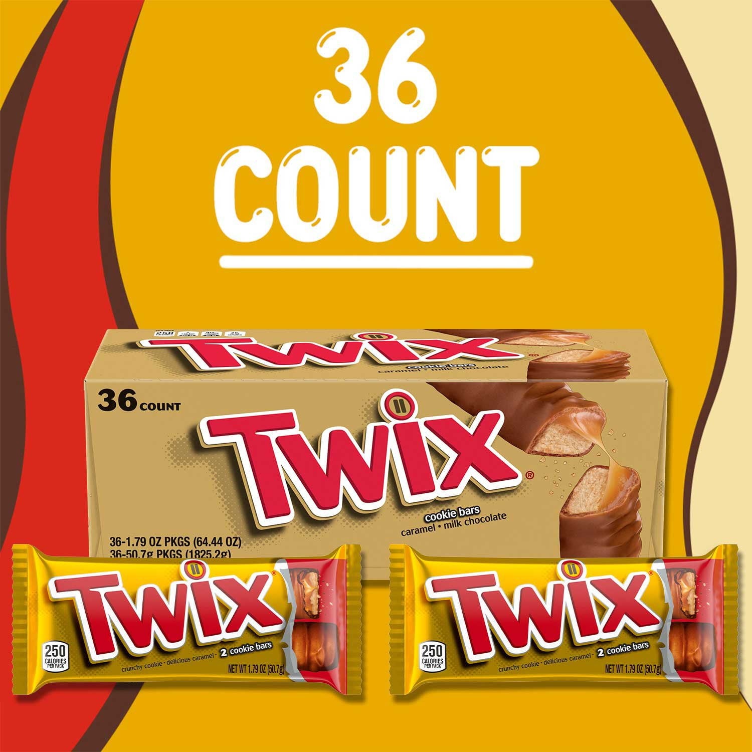 Twix キャラメル クッキー チョコレート キャンディ バー、フルサイズ、1.79 オンス、36 個入り。