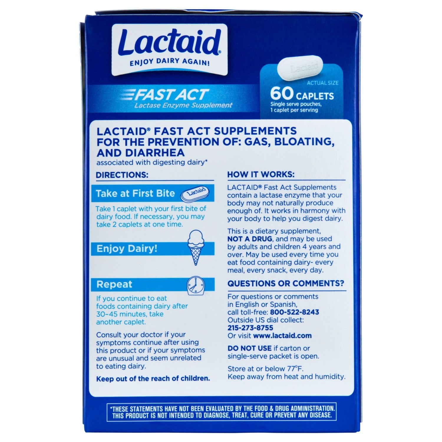 Lactaid Fast Act 乳糖不耐症カプセル、120 錠。