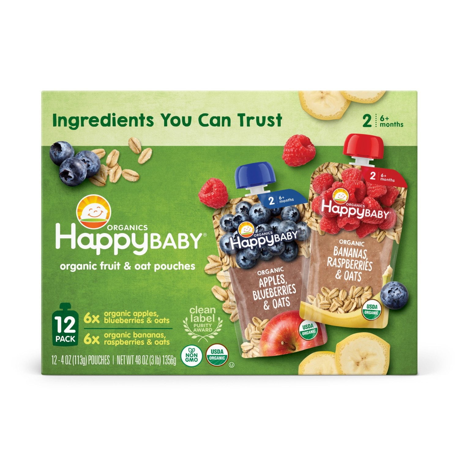 HappyBABY Organics Clearly Crafted フルーツ &amp; オート麦ポーチ、バラエティパック、12 個入り、4 オンス。