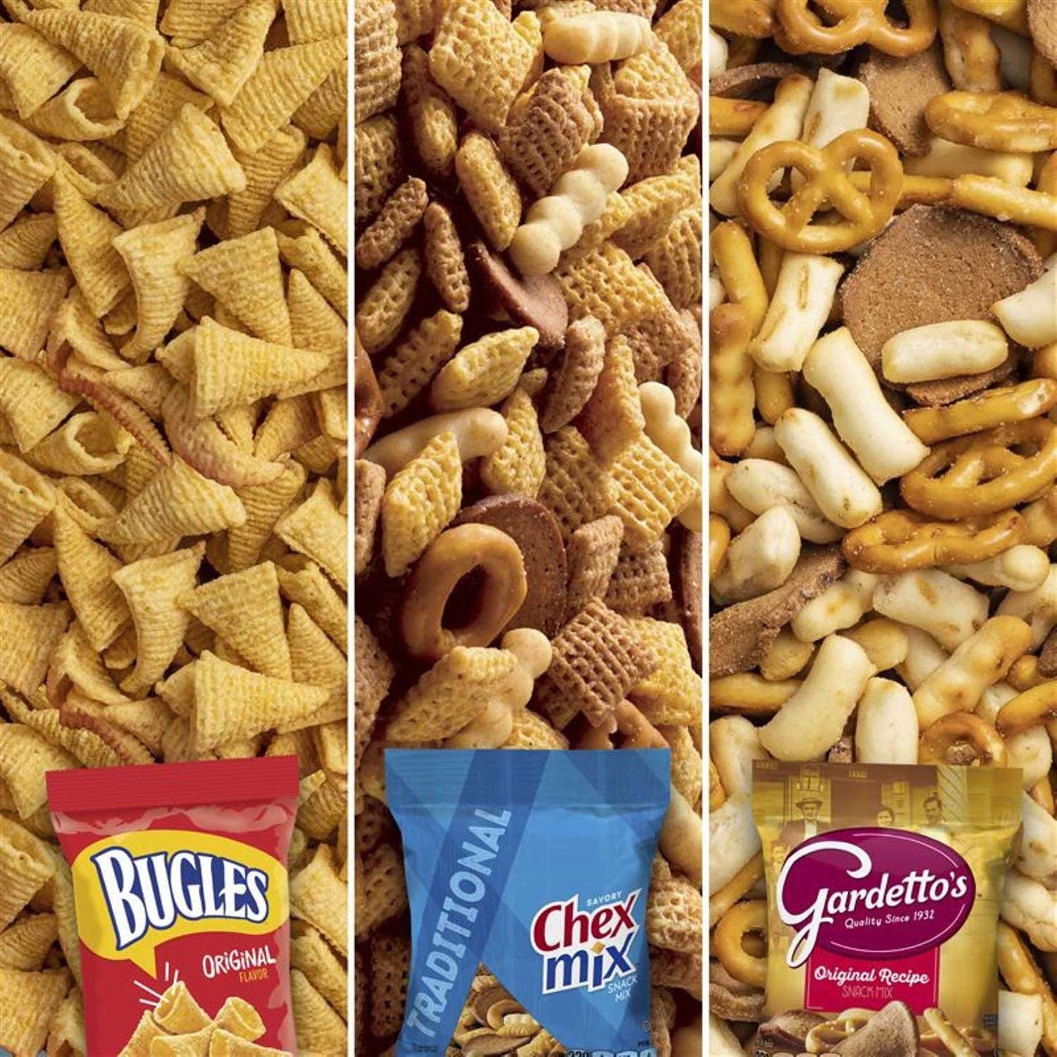 Bugles、Chex Mix &amp; Gardetto バラエティパック スナック、40 個入り。